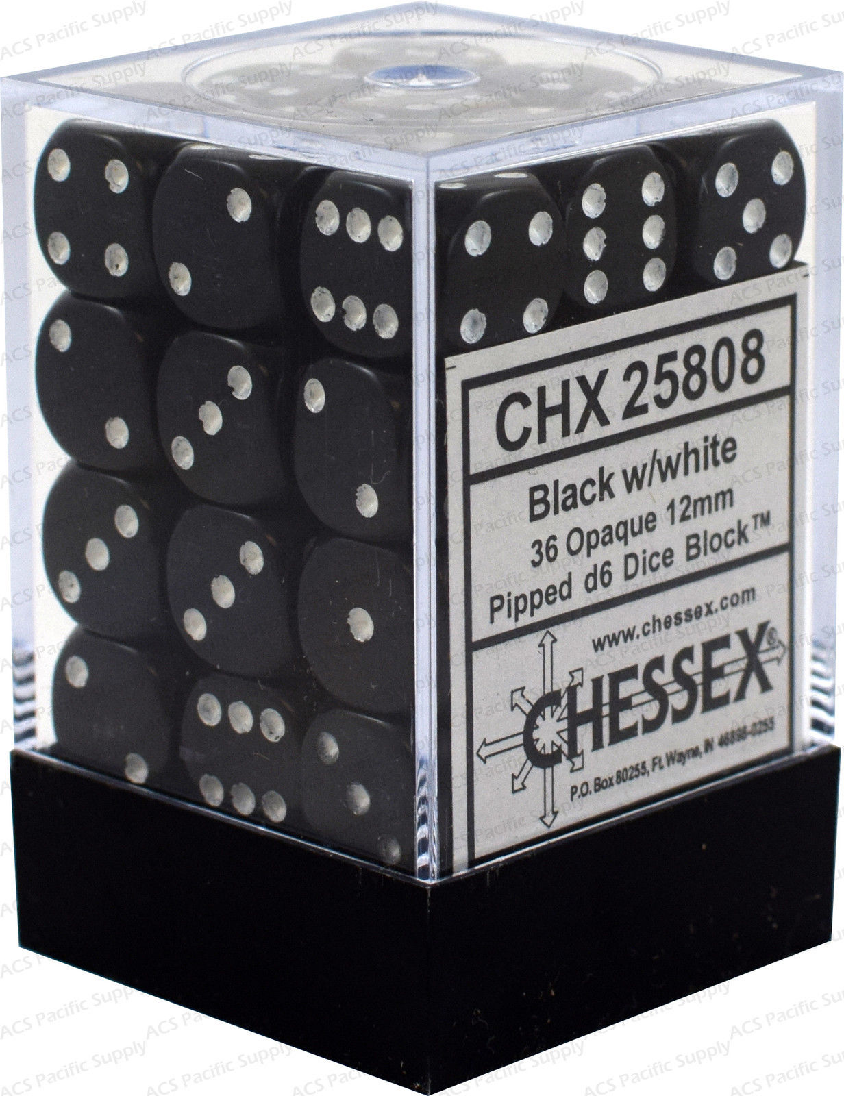 Chessex Opaque 36x 12mm Dice Black with White